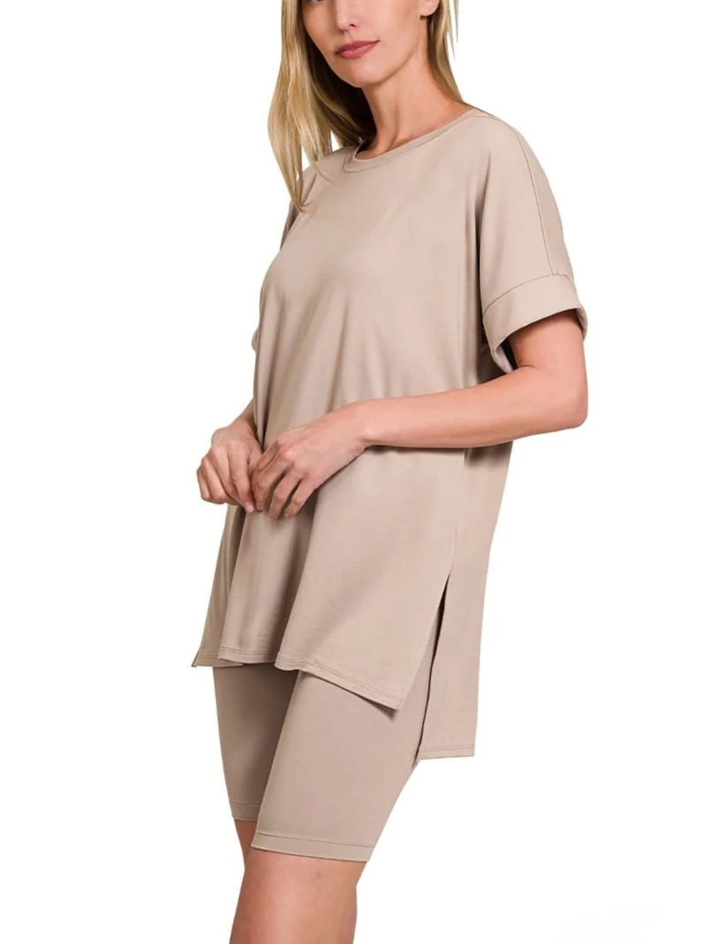 Zenana Brushed Microfiber Round Neck Top and Biker Shorts Set size small